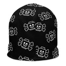 Beanie mit Skelett-Totenkopf und gekreuzten Knochen, Schwarz, Allover-Print