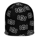 Beanie mit Skelett-Totenkopf und gekreuzten Knochen, Schwarz, Allover-Print