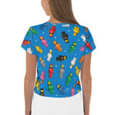 Vintage Spaceman Blaues Crop T-Shirt mit Allover-Print