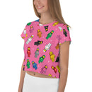 Vintage Spaceman Rosa Crop T-Shirt mit Allover-Print