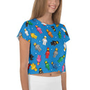 Vintage Spaceman Blaues Crop T-Shirt mit Allover-Print