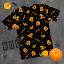 Schwarzes gruseliges T-Shirt für Herren mit Geist, Fledermaus, Kürbis, Hexe und Schlange, Halloween-Ziegel, Minifigurenteile