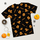 Schwarzes gruseliges T-Shirt für Herren mit Geist, Fledermaus, Kürbis, Hexe und Schlange, Halloween-Ziegel, Minifigurenteile