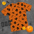 Oranges gruseliges T-Shirt mit Geist, Fledermaus, Kürbis, Hexe und Schlange, Halloween-Ziegel, Minifigurenteile, Herren