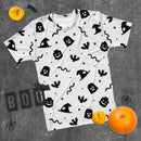 Weißes gruseliges T-Shirt mit Geist, Fledermaus, Kürbis, Hexe und Schlange, Halloween-Ziegel, Minifigurenteile, Herren