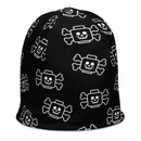 Beanie mit Skelett-Totenkopf und gekreuzten Knochen, Schwarz, Allover-Print