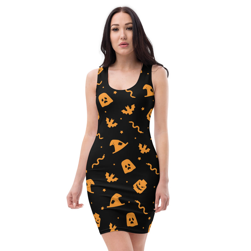 Black and Orange Halloween Skeleton Witch Skull Snake Bodycon Dress Xs Black and Orange Halloween Skeleton Witch Skull Snake Bodycon Dress Xs