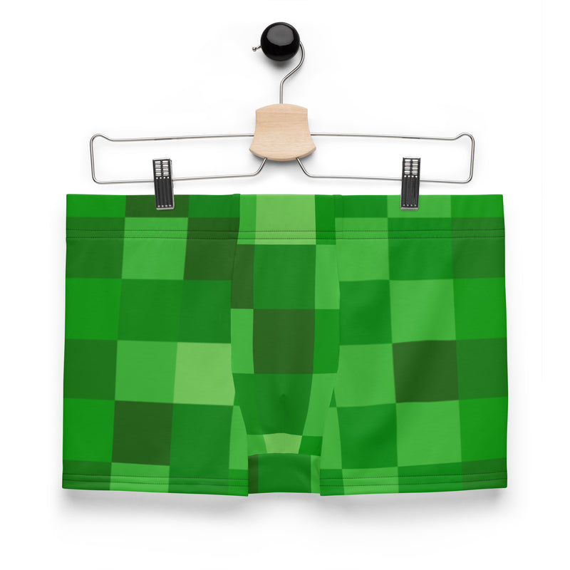 Grüne Boxershorts mit Bausteinen und Bergmann-Kriechmuster, durchgehend bedruckt