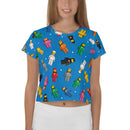 Vintage Spaceman Blaues Crop T-Shirt mit Allover-Print