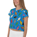 Vintage Spaceman Blaues Crop T-Shirt mit Allover-Print