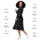 Schwarz-weißes Halloween-Midikleid mit langen Ärmeln und Skelett-Knochen-Muster