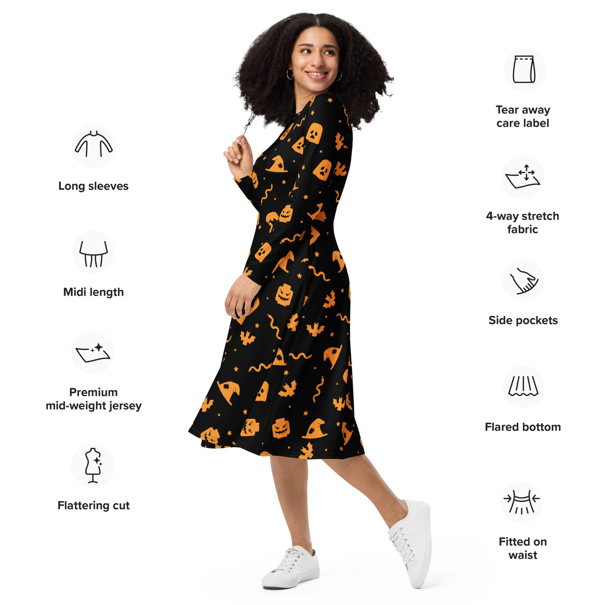 Black and Orange Halloween Witch Skull Snake All-over print long sleeve midi dress 6XL
