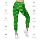 Grüne Leggings mit Bausteinen und Bergmann-Muster im Allover-Print mit Taschen
