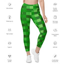 Grüne Leggings mit Bausteinen und Bergmann-Muster im Allover-Print mit Taschen