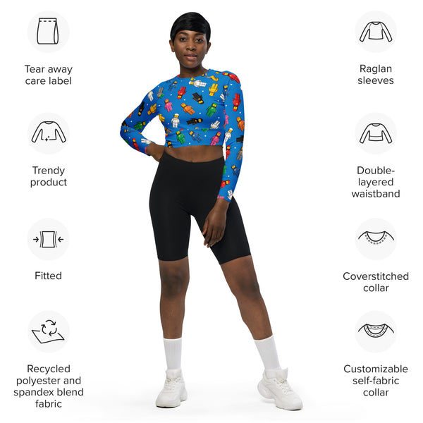 Vintage Spaceman Blue Recycled Long-Sleeve Crop Top