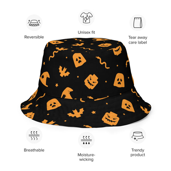 Halloween Ghost Witch Snake Orange Skeleton Skull Reversible bucket hat