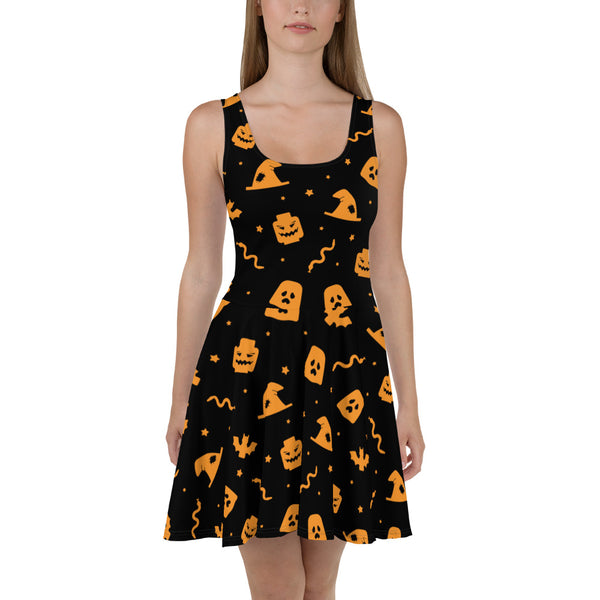 Halloween Witch Pumpkin Snake Skater Dress