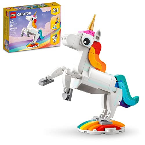 LEGO Creator 3 in 1 Magical Unicorn Toy, Transforms from Unicorn to Seahorse to Peacock, Rainbow Animal Figures, Unicorn Gift for Grandchildren, Girls and Boys, Buildable Toys, 31140