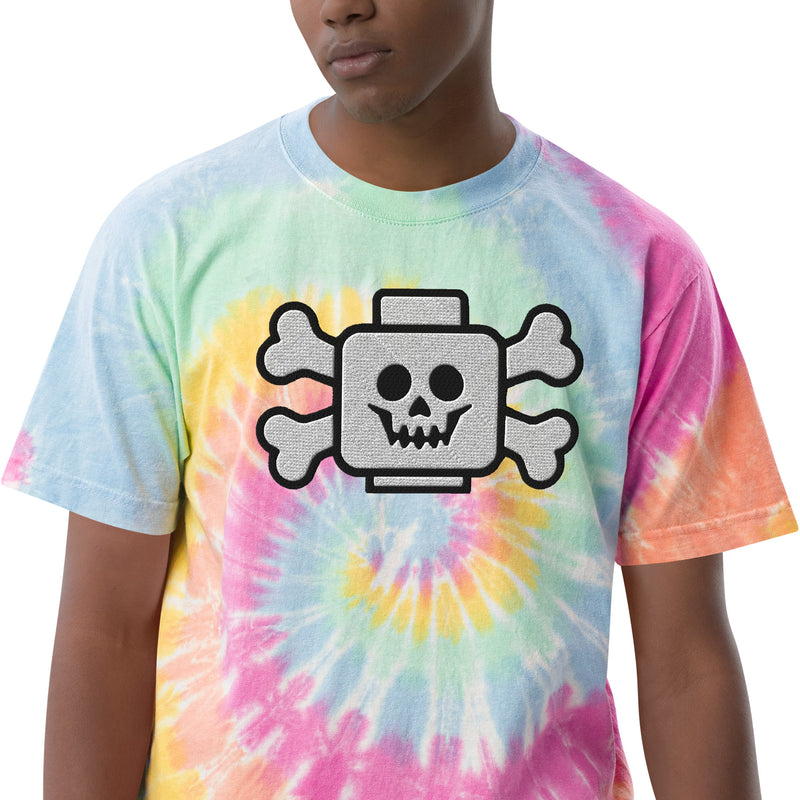 Skeleton Skull Pirate Crossbones Minifigure Brick Head Oversized Embroidery tie-dye t-shirt