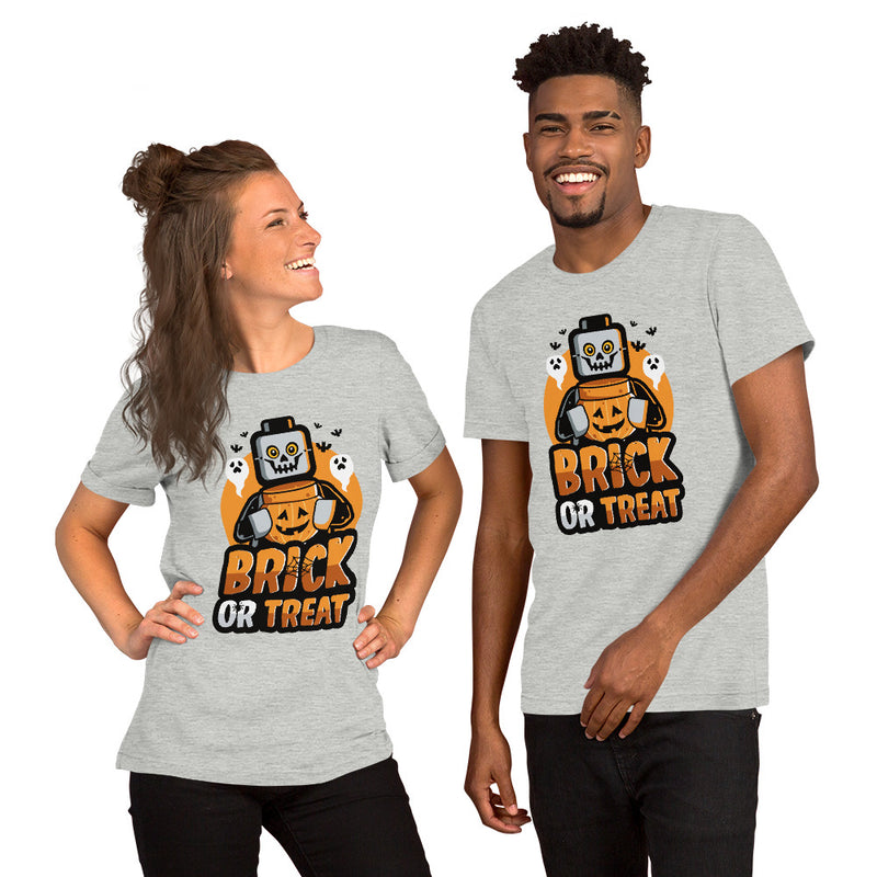 Brick or Treat, Bat, Pumpkin Halloween Brick Minifigure Parts Adult Unisex t-shirt