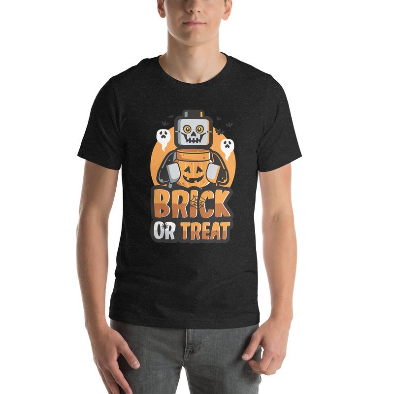 Brick or Treat, Bat, Pumpkin Halloween Brick Minifigure Parts Adult Unisex t-shirt