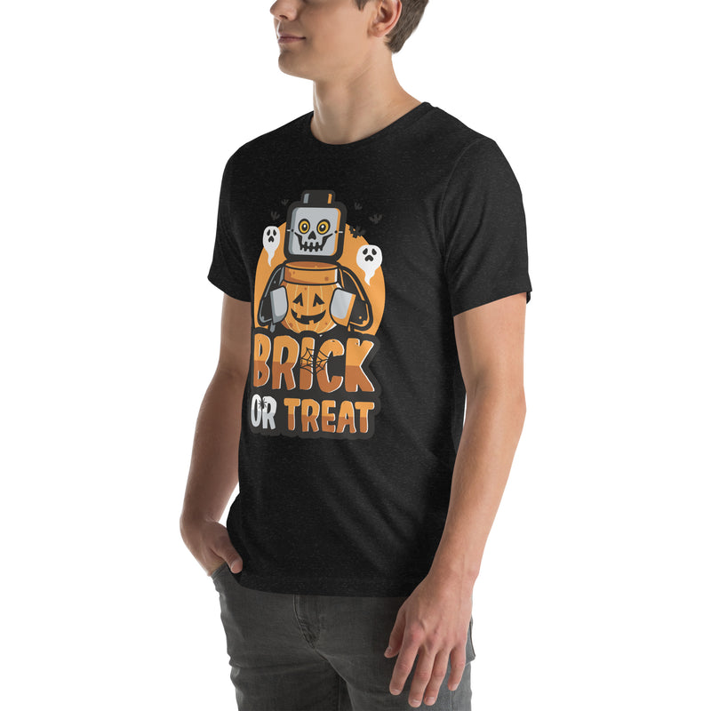 Brick or Treat, Bat, Pumpkin Halloween Brick Minifigure Parts Adult Unisex t-shirt