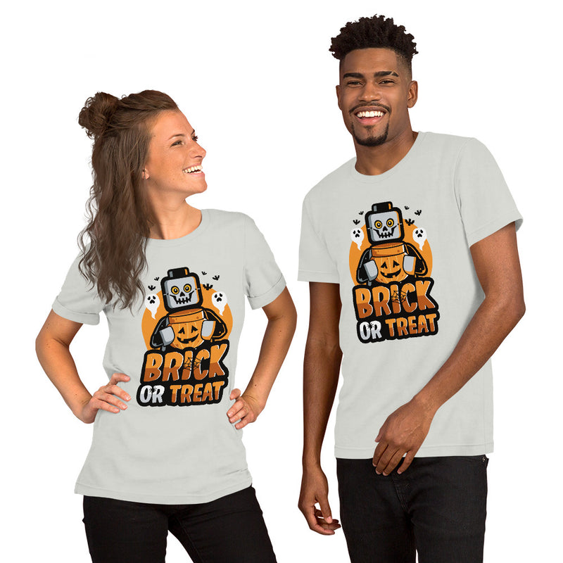 Brick or Treat, Bat, Pumpkin Halloween Brick Minifigure Parts Adult Unisex t-shirt