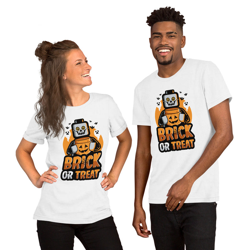 Brick or Treat, Bat, Pumpkin Halloween Brick Minifigure Parts Adult Unisex t-shirt