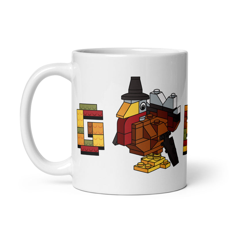 Thanksgiving Turkey Bricks Gobble White glossy mug