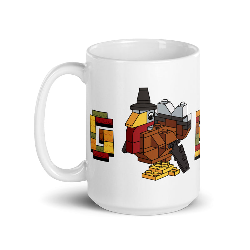 Thanksgiving Turkey Bricks Gobble White glossy mug