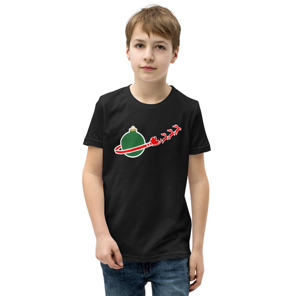 Vintage Christmas Space Planet Santa Sleigh Reindeer Youth Short Sleeve T-Shirt