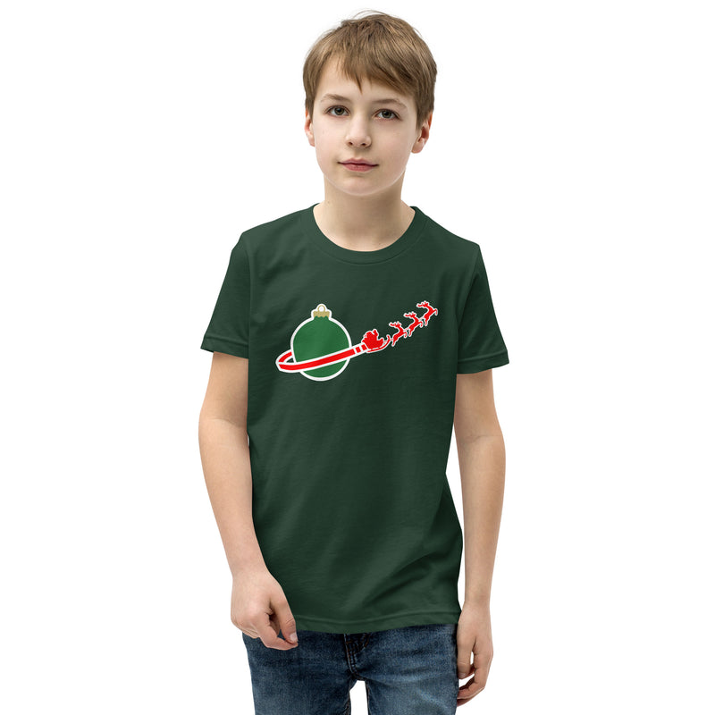 Vintage Christmas Space Planet Santa Sleigh Reindeer Youth Short Sleeve T-Shirt