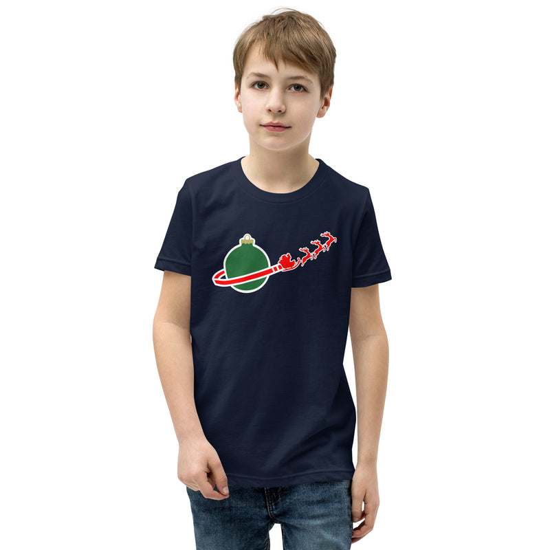 Vintage Christmas Space Planet Santa Sleigh Reindeer Youth Short Sleeve T-Shirt