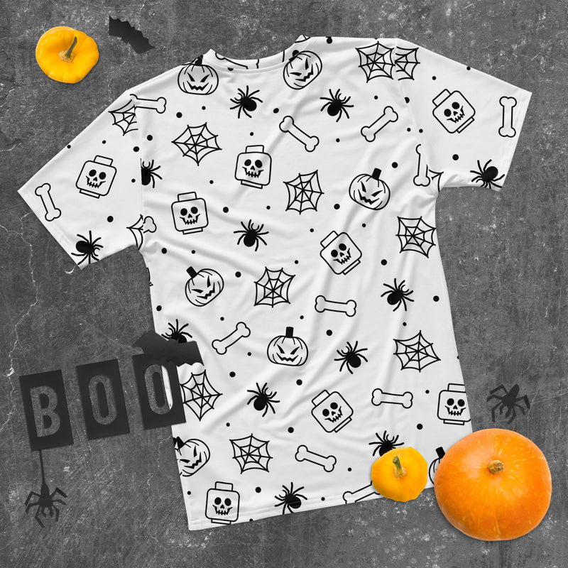 White Spooky Skeleton, Spider, Pumpkin Halloween Brick Minifigure Parts Mens T-Shirt