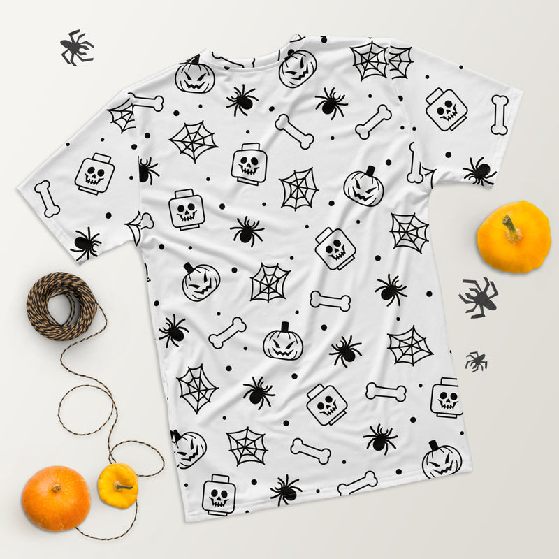 White Spooky Skeleton, Spider, Pumpkin Halloween Brick Minifigure Parts Mens T-Shirt