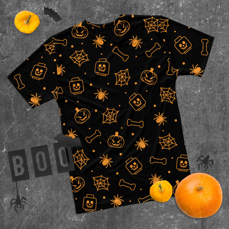 Black Spooky Skeleton, Spider, Pumpkin Halloween Brick Minifigure Parts Mens T-Shirt