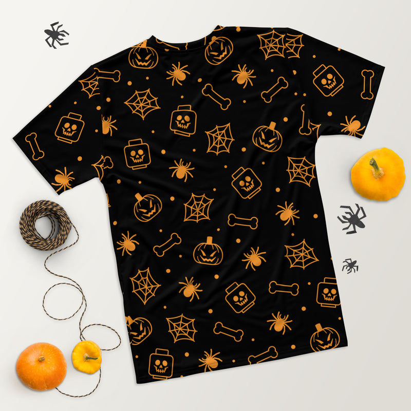 Black Spooky Skeleton, Spider, Pumpkin Halloween Brick Minifigure Parts Mens T-Shirt