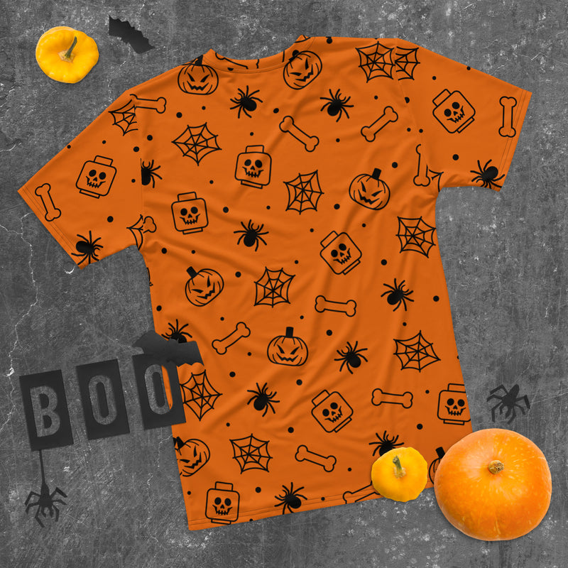 Orange Spooky Skeleton, Spider, Pumpkin Halloween Brick Minifigure Parts Mens T-Shirt