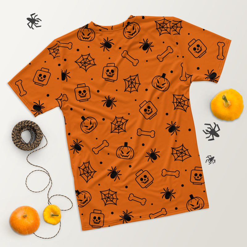 Orange Spooky Skeleton, Spider, Pumpkin Halloween Brick Minifigure Parts Mens T-Shirt