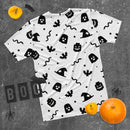 Weißes gruseliges T-Shirt mit Geist, Fledermaus, Kürbis, Hexe und Schlange, Halloween-Ziegel, Minifigurenteile, Herren