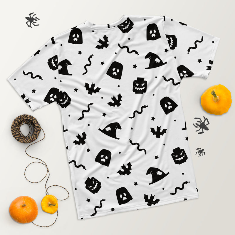 White Spooky Ghost, Bat, Pumpkin, Witch, Snake Halloween Brick Minifigure Parts Mens T-Shirt