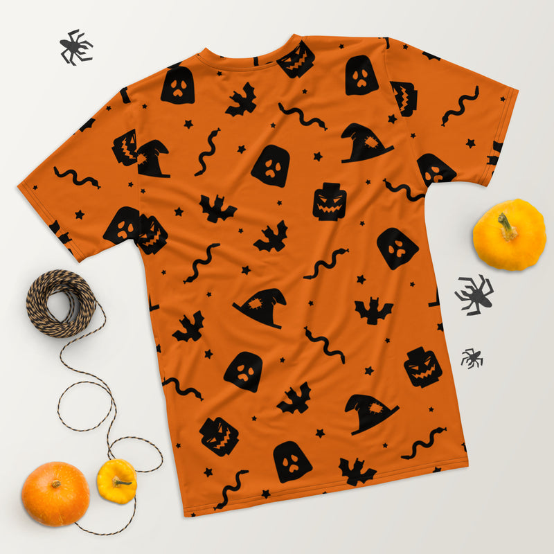 Orange Spooky Ghost, Bat, Pumpkin, Witch, Snake Halloween Brick Minifigure Parts Mens T-Shirt