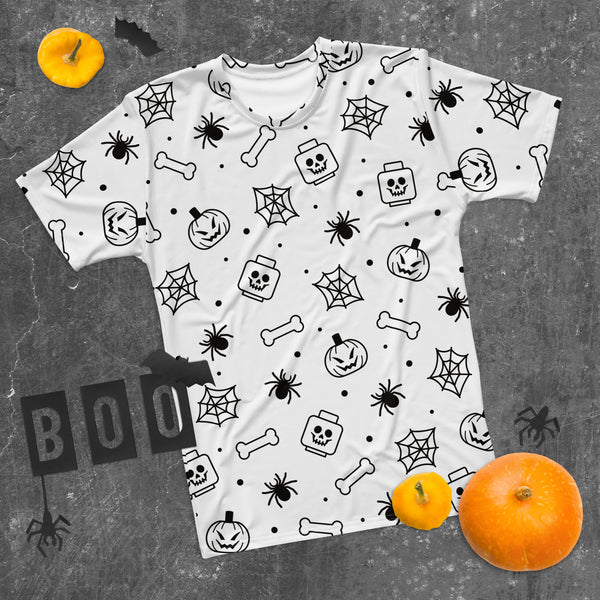 White Spooky Skeleton, Spider, Pumpkin Halloween Brick Minifigure Parts Mens T-Shirt