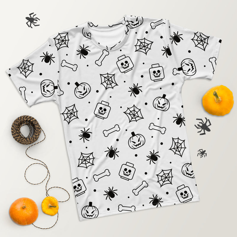 White Spooky Skeleton, Spider, Pumpkin Halloween Brick Minifigure Parts Mens T-Shirt