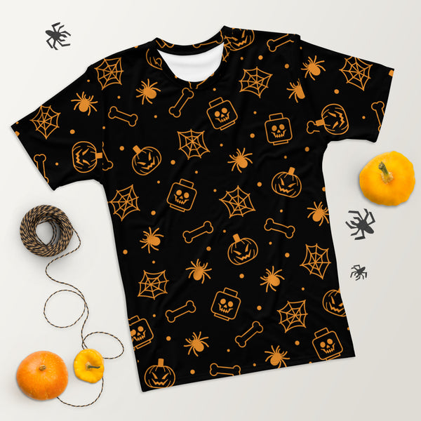 Black Spooky Skeleton, Spider, Pumpkin Halloween Brick Minifigure Parts Mens T-Shirt