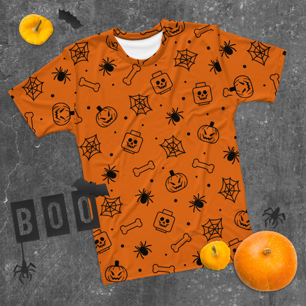 Orange Spooky Skeleton, Spider, Pumpkin Halloween Brick Minifigure Parts Mens T-Shirt