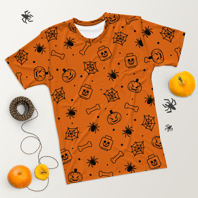 Orange Spooky Skeleton, Spider, Pumpkin Halloween Brick Minifigure Parts Mens T-Shirt