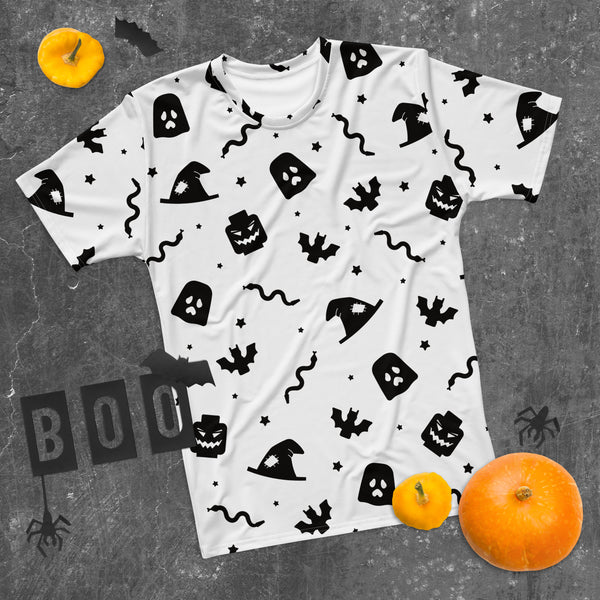 White Spooky Ghost, Bat, Pumpkin, Witch, Snake Halloween Brick Minifigure Parts Mens T-Shirt