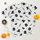 Weißes gruseliges T-Shirt mit Geist, Fledermaus, Kürbis, Hexe und Schlange, Halloween-Ziegel, Minifigurenteile, Herren