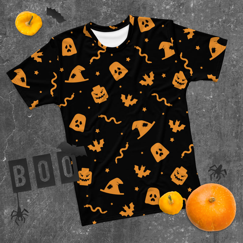Black Spooky Ghost, Bat, Pumpkin, Witch, Snake Halloween Brick Minifigure Parts Mens T-Shirt